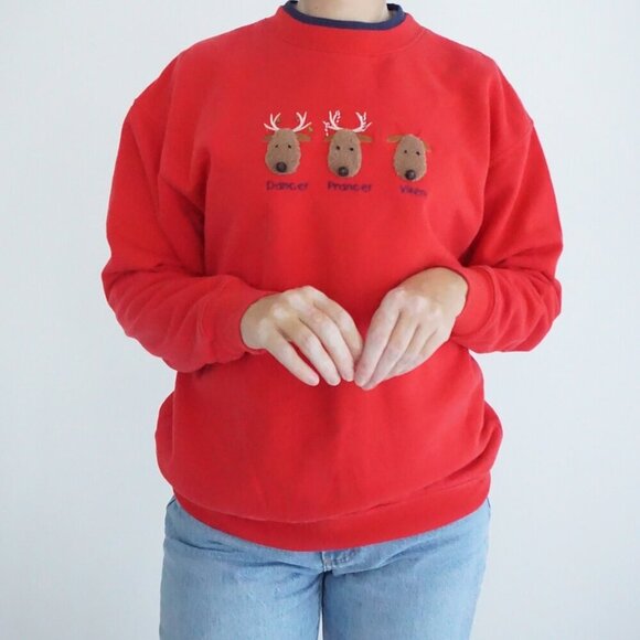 Vintage M&C Sportswear Red Embroidered Reindeer Dancer Prancer Vixen Sweater M - Picture 2 of 11